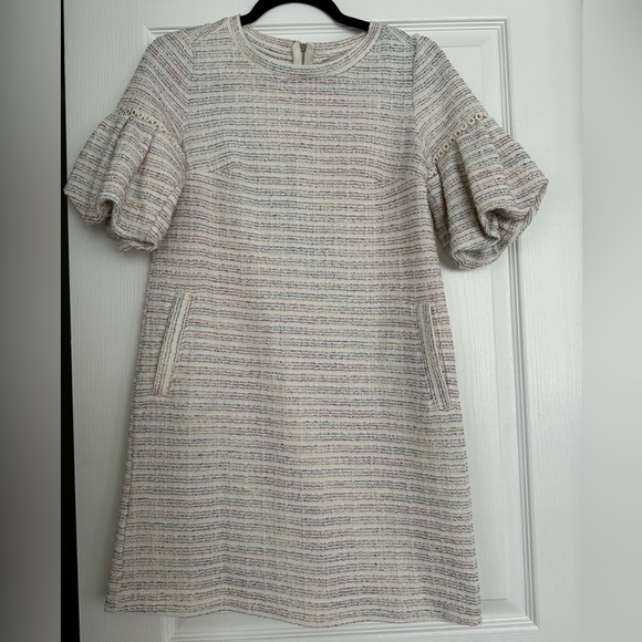Loft, XS petite, puff sleeve dress, off-white w/ multi coloured stripes, pockets - Picture 1 of 3